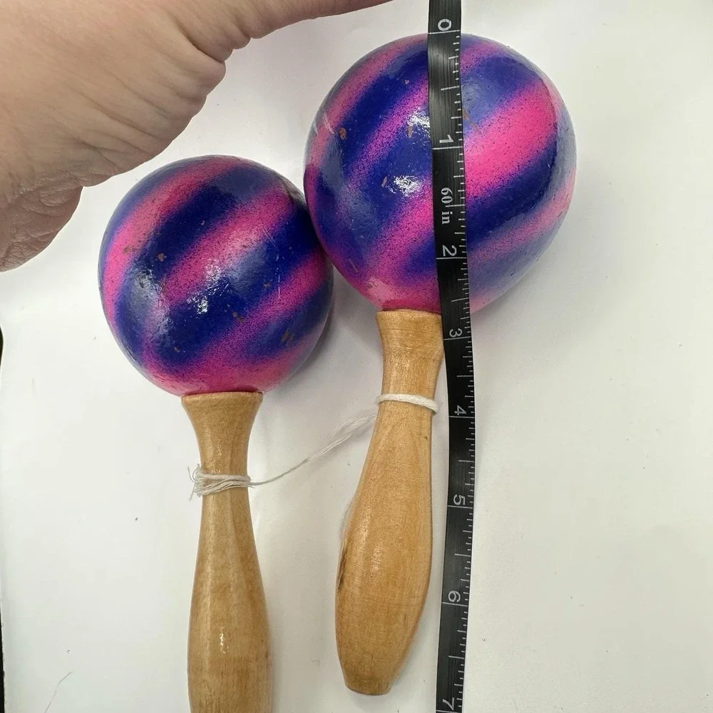 VTG Hand Painted Pink Purple Wooden Maracas‎ Musical Instruments Souvenir Fish